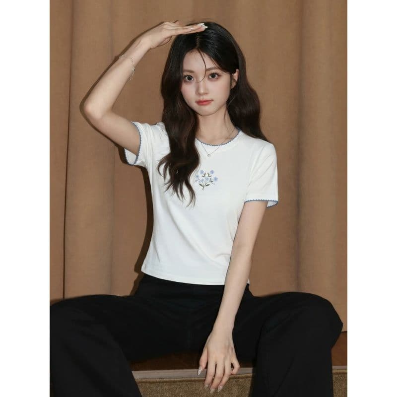 경관 그림 타이슨 원단 높은 품질 새로운 디자인 센스 화이트 라운드 넥 반팔 티셔츠 여성 여름 이미지 2