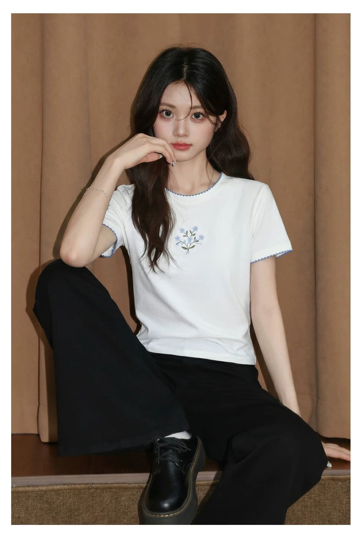 경관 그림 타이슨 원단 높은 품질 새로운 디자인 센스 화이트 라운드 넥 반팔 티셔츠 여성 여름 상세 이미지 2