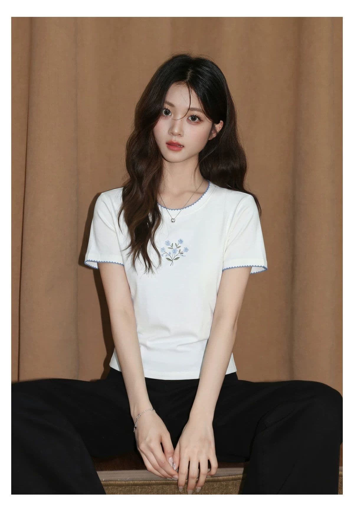 경관 그림 타이슨 원단 높은 품질 새로운 디자인 센스 화이트 라운드 넥 반팔 티셔츠 여성 여름 상세 이미지 8