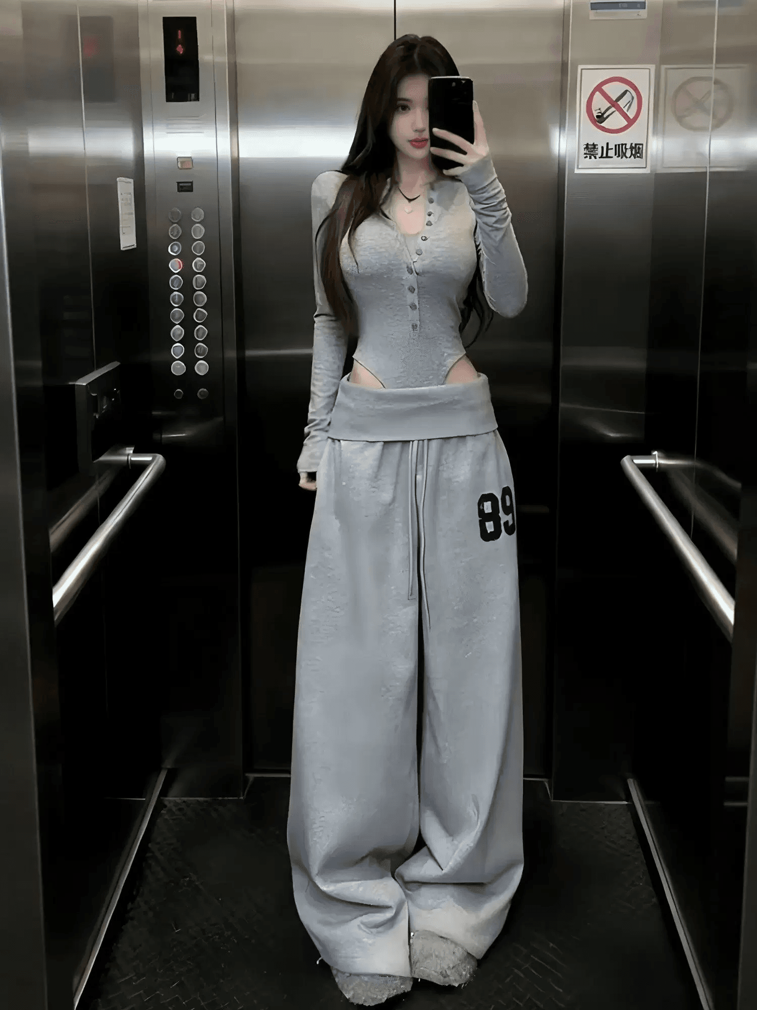 한 부서 레트로 빛 아시아 인 캐주얼 뒤집다 측면 89 루즈핏 캐주얼 다용도 봄 가을 허리밴드 넓은 다리 웨이 바지 여성 상세 이미지 2