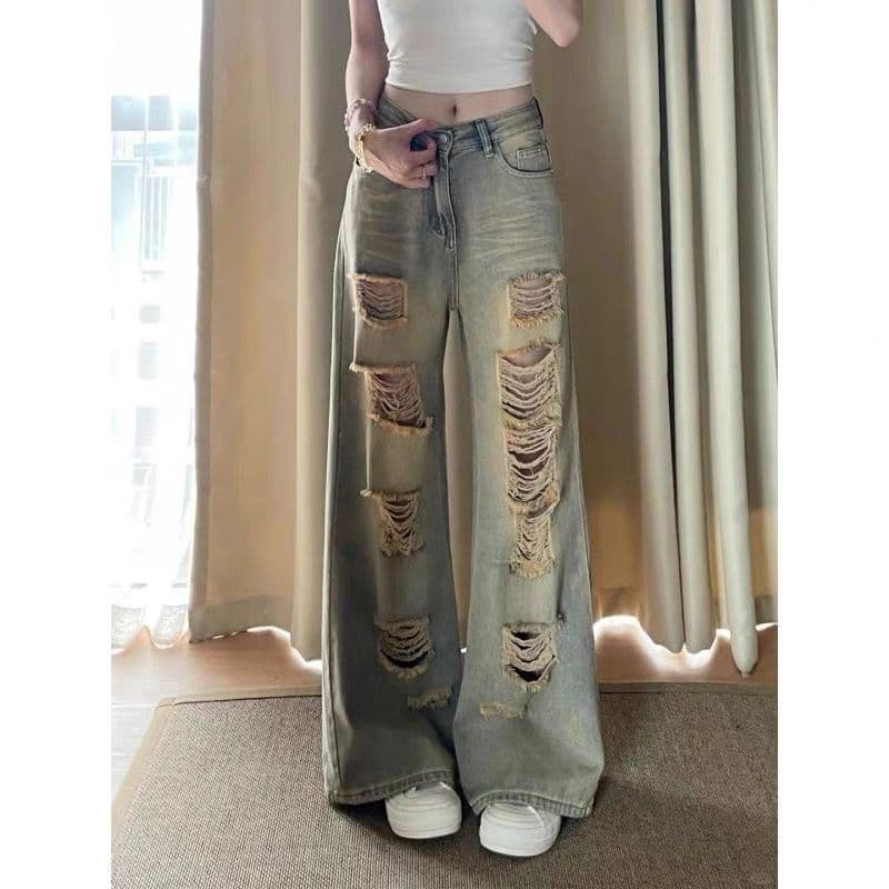 아메리칸 레트로 핫걸 청바지 여성 작은 대중 루즈핏 슬림해 보이는 스트레이트 넓은 다리 바닥 청소 바지 상세 이미지 5
