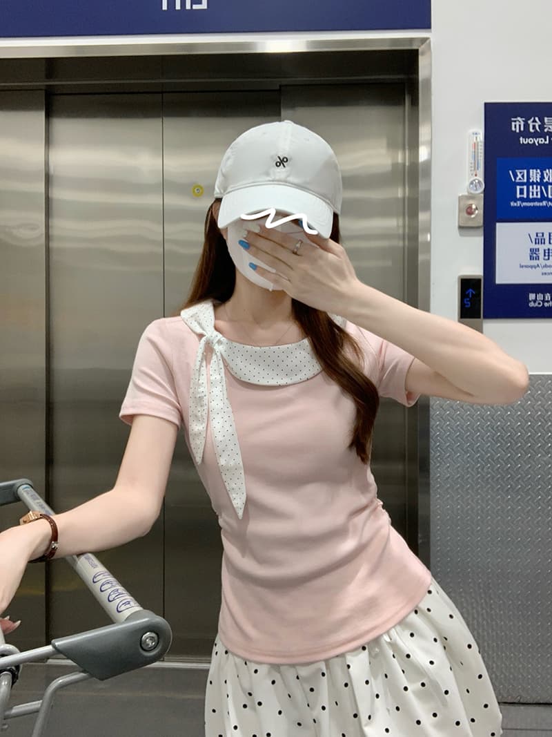 실사 영구하다 유 현대 컬러 바 250그램 반팔 티셔츠 여성 의류 여름 새로운 몸매 가꾸기 도트 무늬 베이비 칼라 맨위 이미지 5