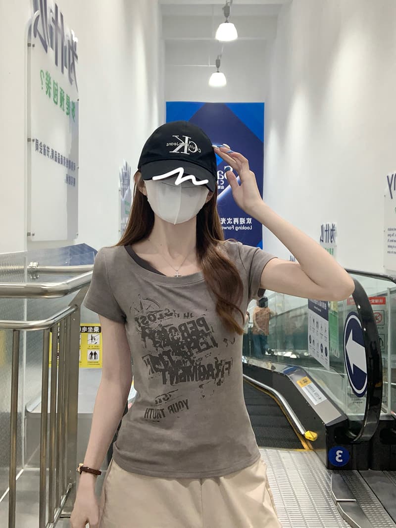 실사 반팔 티셔츠 여성 의류 여름 새로운 몸매 가꾸기 디자인 센스 프린트 슬림해 보이는 페이크 레이어드 한 첨부 된 의류 상세 이미지 12