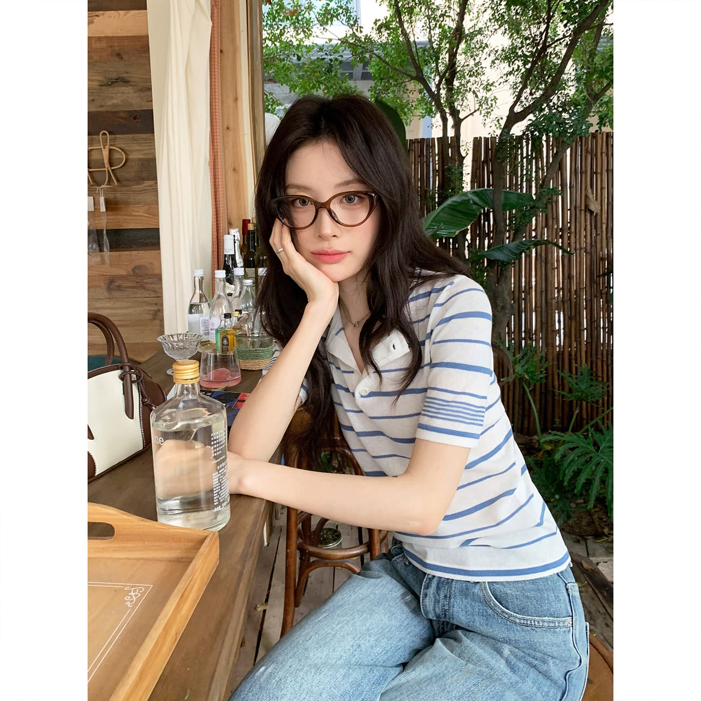 경관 그림 높음 비틀림 모방 아마 반팔 티셔츠 니트 스웨터 여성 의류 여름 새로운 아메리칸 스트라이프 한 첨부 된 의류 상세 이미지 3