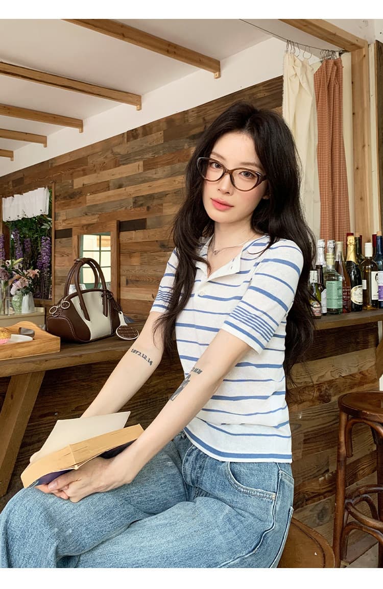 경관 그림 높음 비틀림 모방 아마 반팔 티셔츠 니트 스웨터 여성 의류 여름 새로운 아메리칸 스트라이프 한 첨부 된 의류 상세 이미지 20
