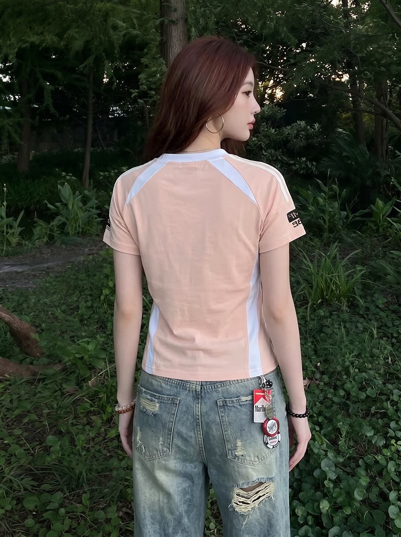 경관 그림 220 그램 주간 실크 차가운 면 반팔 티셔츠 여성 의류 여름 새로운 한 부서 디자인 센스 삽입 색상 V넥 맨위 상세 이미지 8