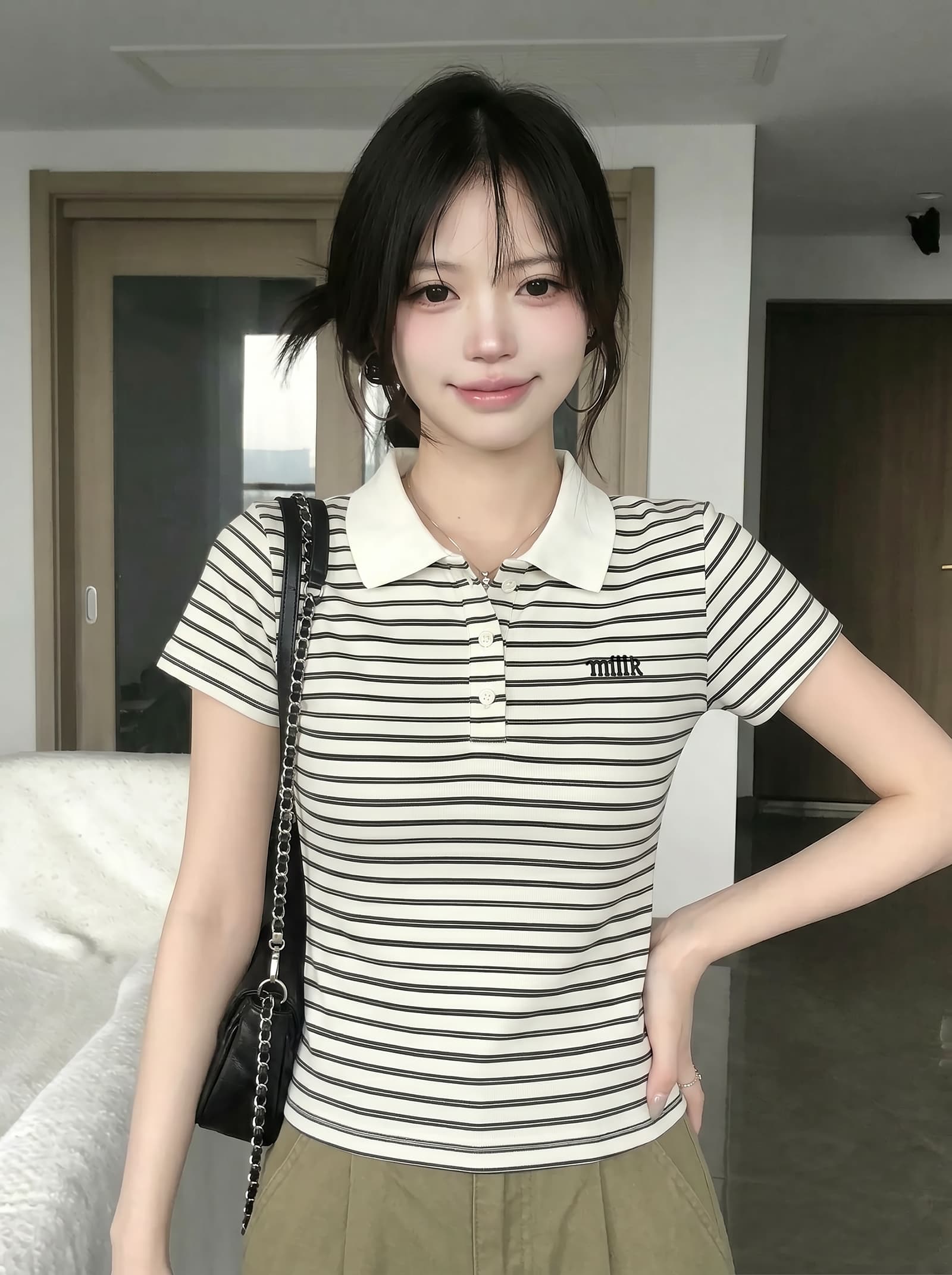 경관 그림 반팔 티셔츠 여성 의류 여름 새로운 디자인 센스 아메리칸 스트라이프 자수 배색 POLO 칼라 맨위 이미지 4