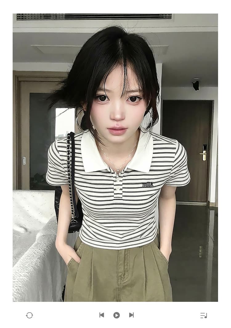 경관 그림 반팔 티셔츠 여성 의류 여름 새로운 디자인 센스 아메리칸 스트라이프 자수 배색 POLO 칼라 맨위 상세 이미지 1