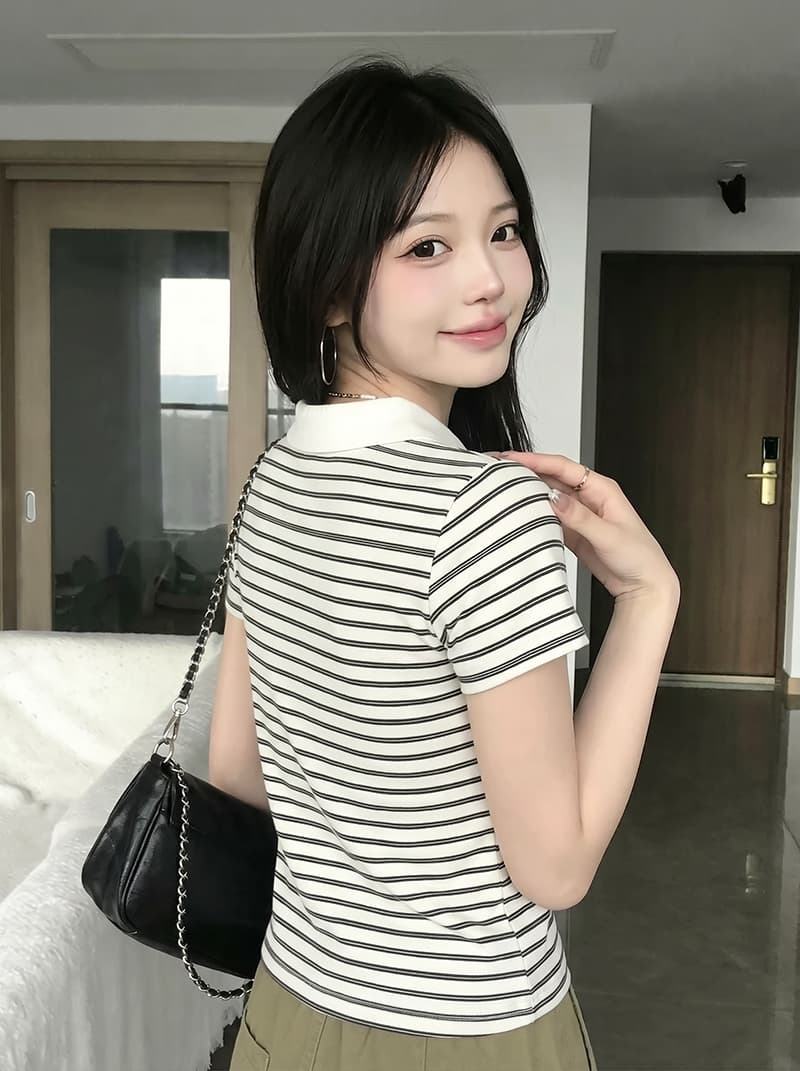 경관 그림 반팔 티셔츠 여성 의류 여름 새로운 디자인 센스 아메리칸 스트라이프 자수 배색 POLO 칼라 맨위 상세 이미지 13
