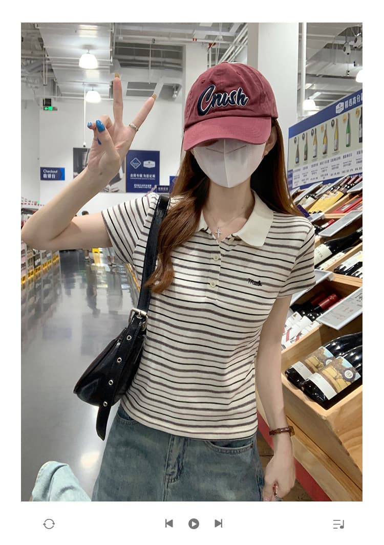 실사 반팔 티셔츠 여성 의류 여름 새로운 디자인 센스 아메리칸 스트라이프 자수 배색 POLO 칼라 맨위 상세 이미지 1
