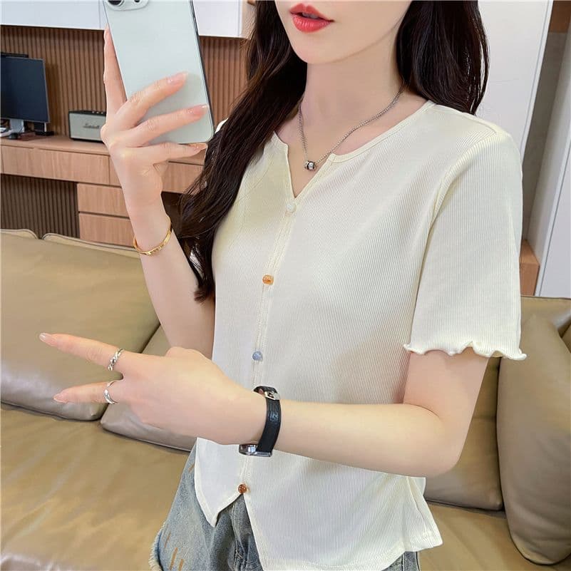 실사 한국 스타일 반팔 티셔츠 여성 2026 년 새로운 볼륨 측면 구슬 버튼 리브 맨위 이미지 4