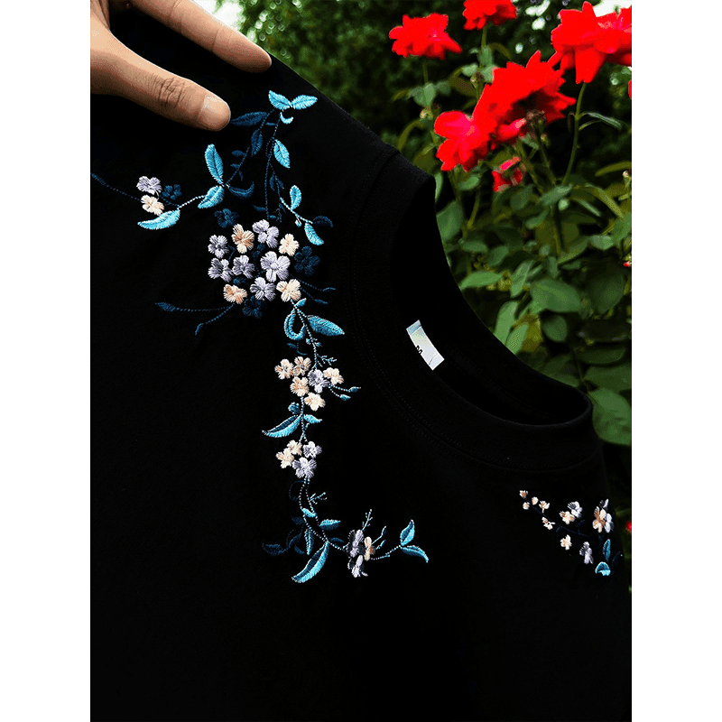 경관 그림 더블 실 순면 반팔 티셔츠 남녀 커플룩 여름 새로운 디자인 센스 자수 라운드 넥 맨위 상세 이미지 3