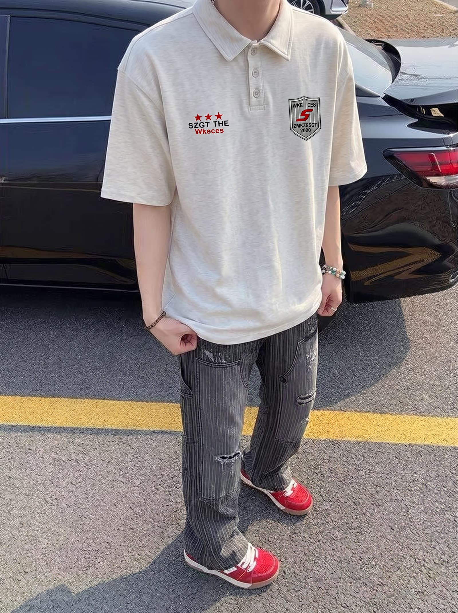 경관 그림 남자 바 면 220 그램 반팔 티셔츠 남녀 커플룩 여름 새로운 자수 루즈핏 POLO 칼라 맨위 이미지 4