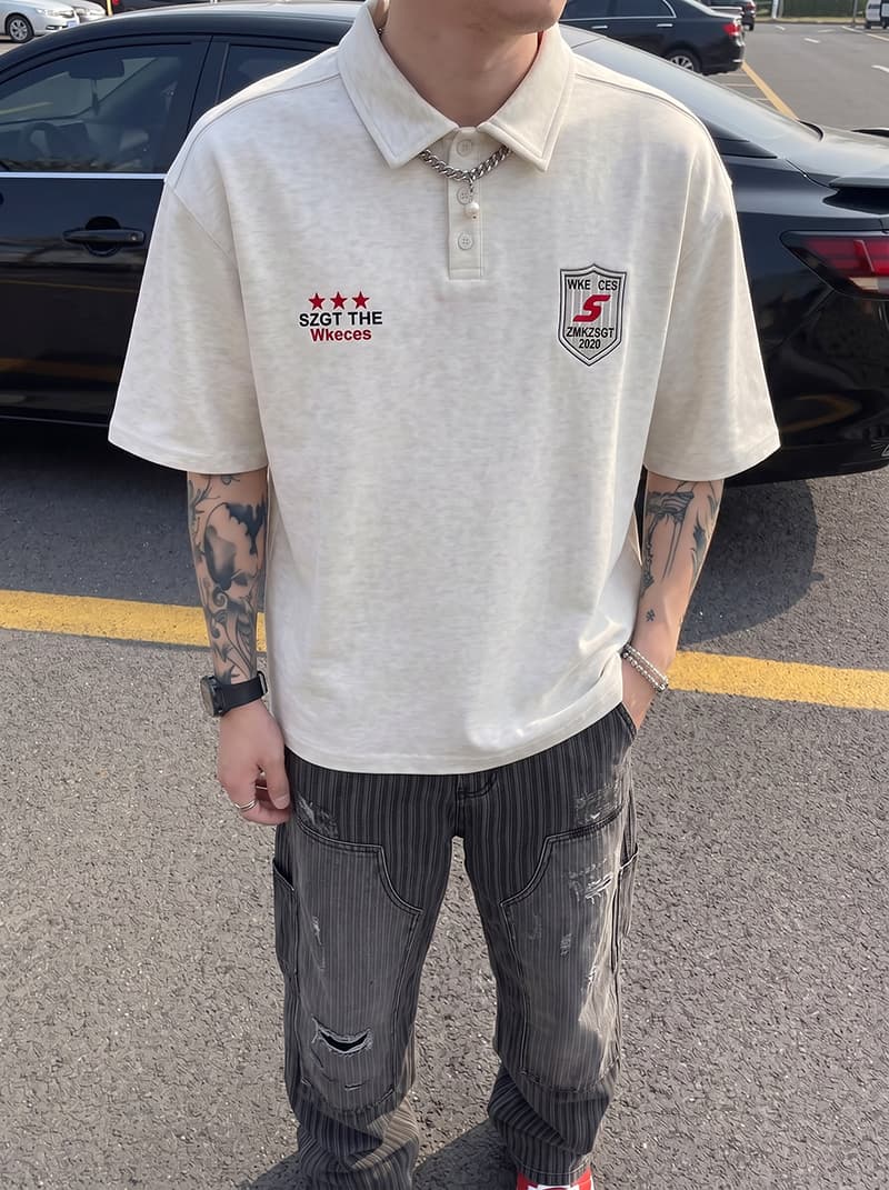 경관 그림 남자 바 면 220 그램 반팔 티셔츠 남녀 커플룩 여름 새로운 자수 루즈핏 POLO 칼라 맨위 상세 이미지 10