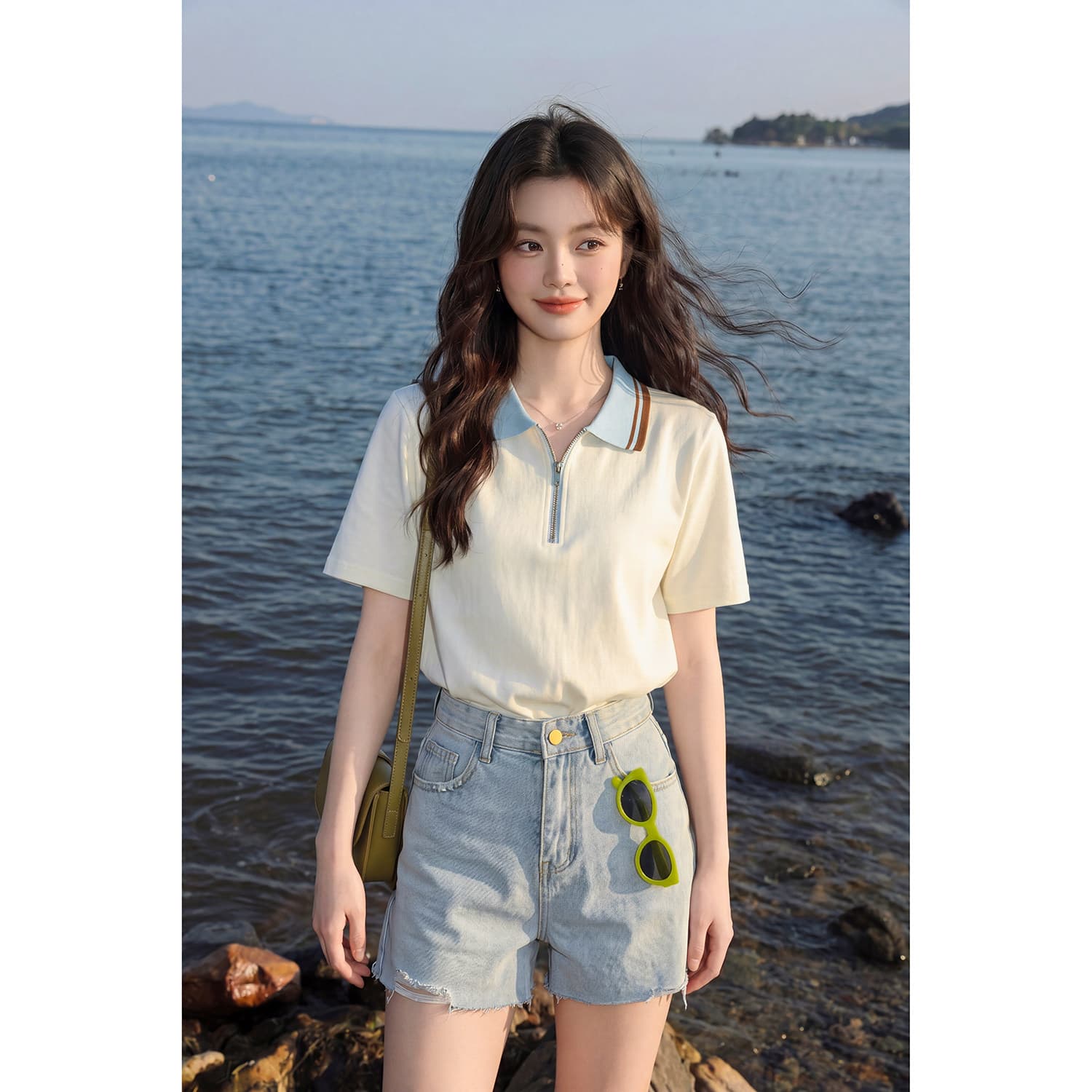 경관 그림 220 그램 남자 바 면 반팔 티셔츠 여성 의류 여름 한 부서 지퍼 배색 새로운 POLO 칼라 맨위 상세 이미지 4