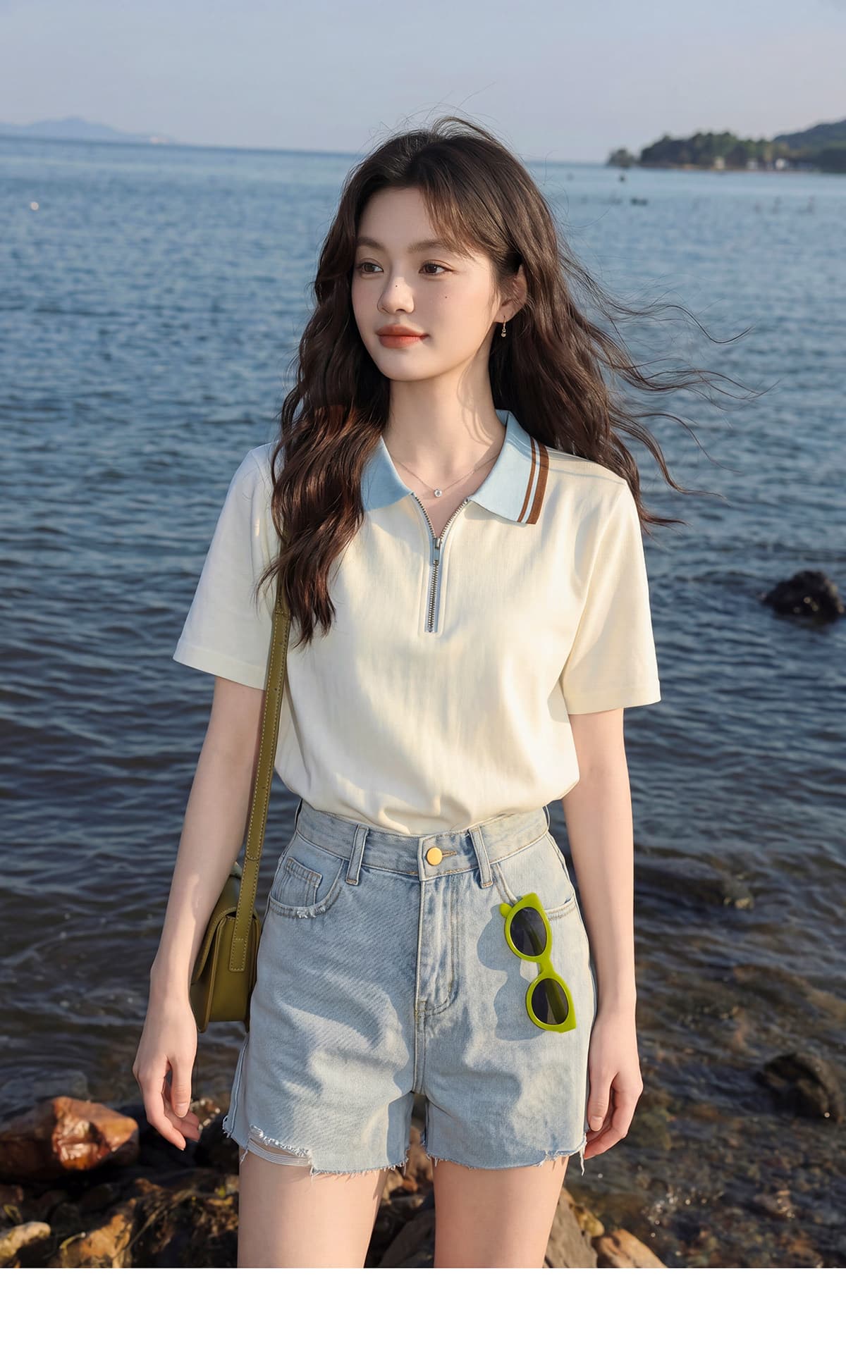 경관 그림 220 그램 남자 바 면 반팔 티셔츠 여성 의류 여름 한 부서 지퍼 배색 새로운 POLO 칼라 맨위 상세 이미지 7