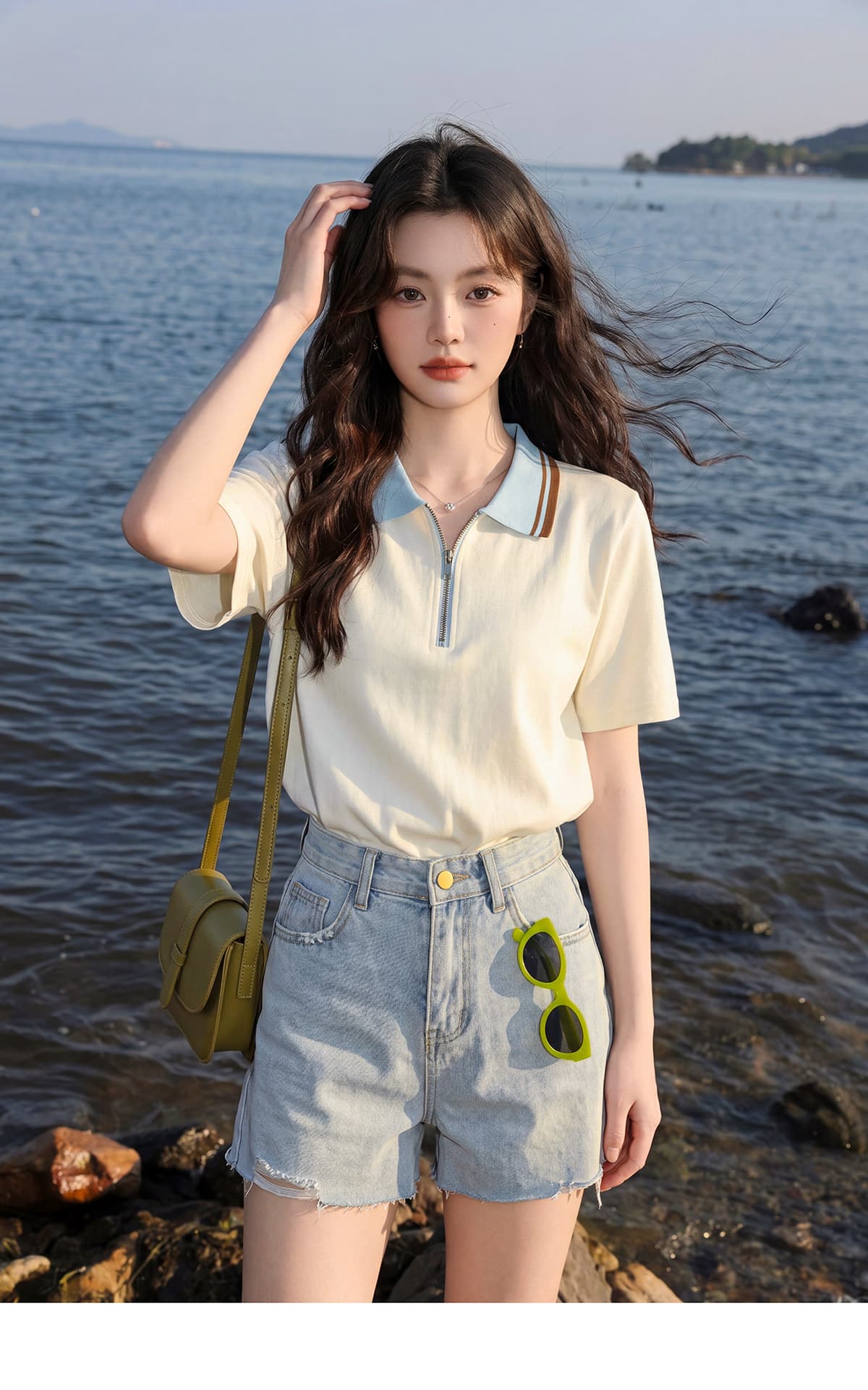 경관 그림 220 그램 남자 바 면 반팔 티셔츠 여성 의류 여름 한 부서 지퍼 배색 새로운 POLO 칼라 맨위 상세 이미지 9