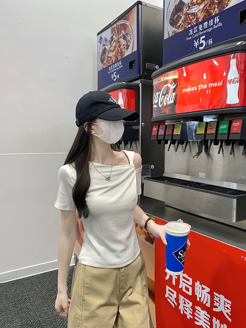 실사 반팔 티셔츠 여성 의류 여름 새로운 트렌디 한 부서 디자인 센스 몸매 가꾸기 슬림해 보이는 단색 비스듬한 칼라 맨위 이미지 4