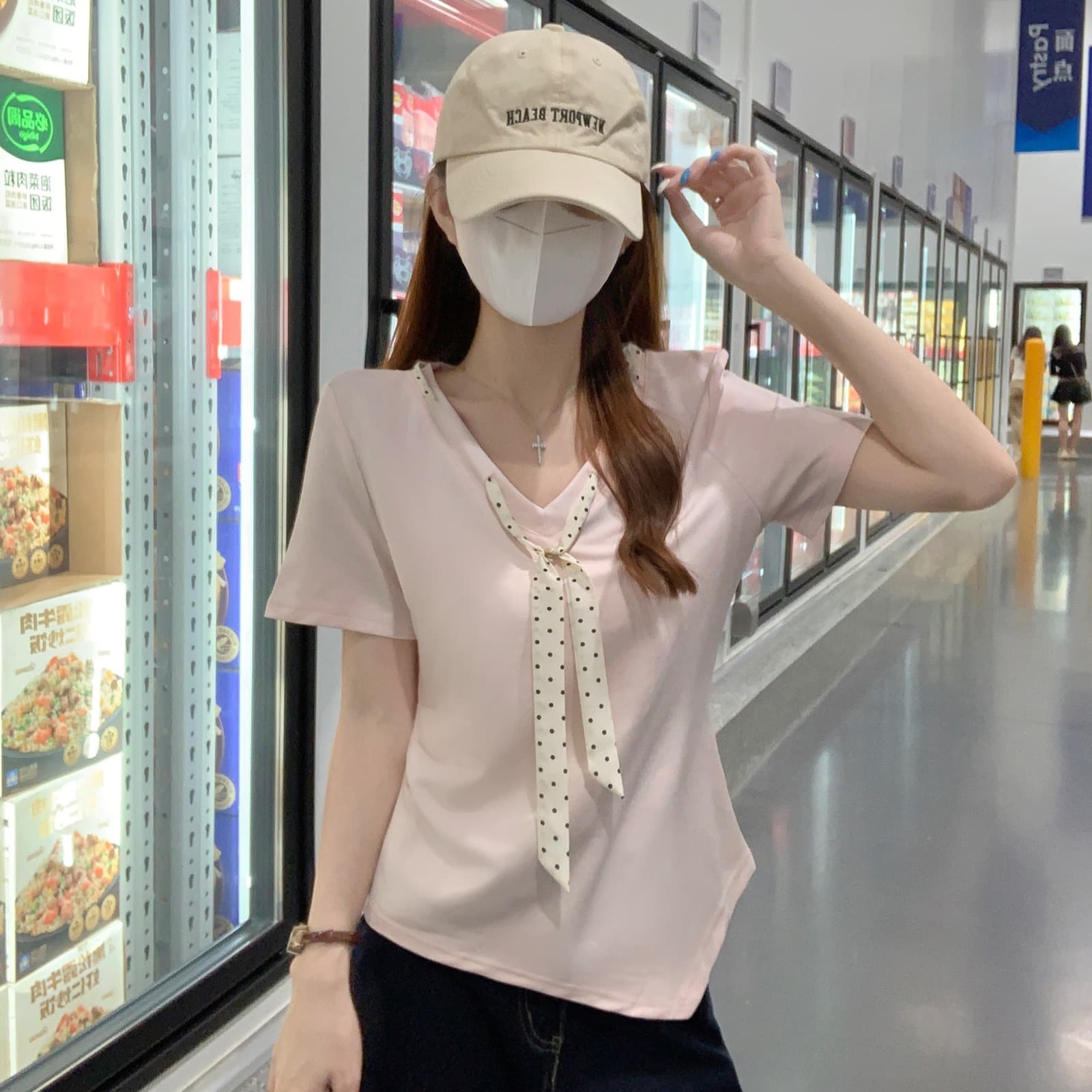 실사 물 부드러운 면 양면 220 그램 반팔 티셔츠 여성 여름 새로운 디자인 센스 도트 무늬 스카프 V넥 맨위 이미지 6