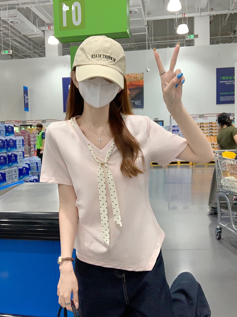 실사 물 부드러운 면 양면 220 그램 반팔 티셔츠 여성 여름 새로운 디자인 센스 도트 무늬 스카프 V넥 맨위 상세 이미지 6
