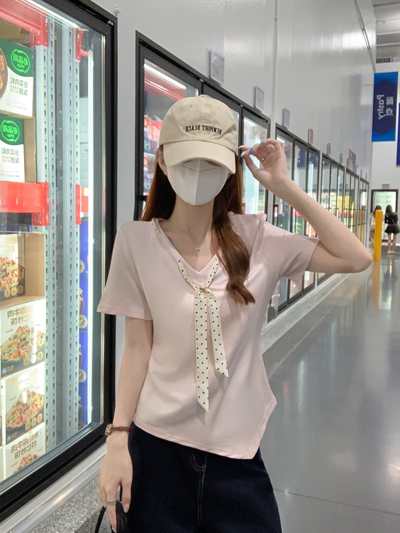실사 물 부드러운 면 양면 220 그램 반팔 티셔츠 여성 여름 새로운 디자인 센스 도트 무늬 스카프 V넥 맨위 상세 이미지 8