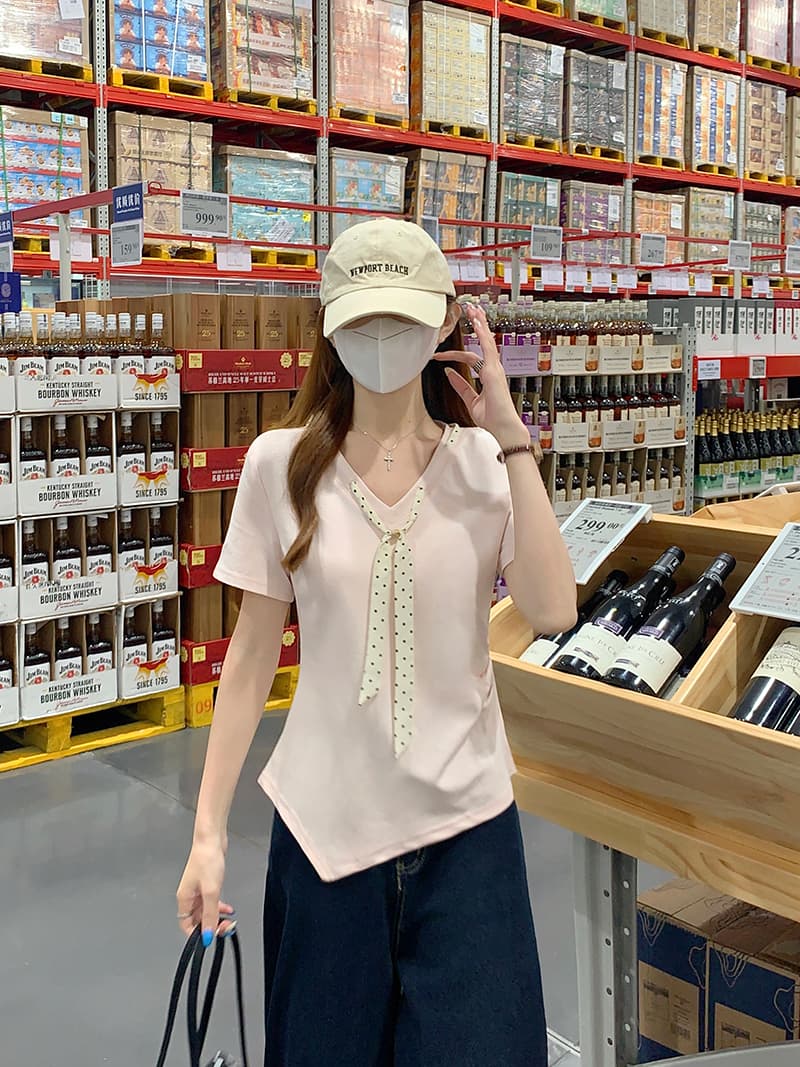 실사 물 부드러운 면 양면 220 그램 반팔 티셔츠 여성 여름 새로운 디자인 센스 도트 무늬 스카프 V넥 맨위 상세 이미지 13