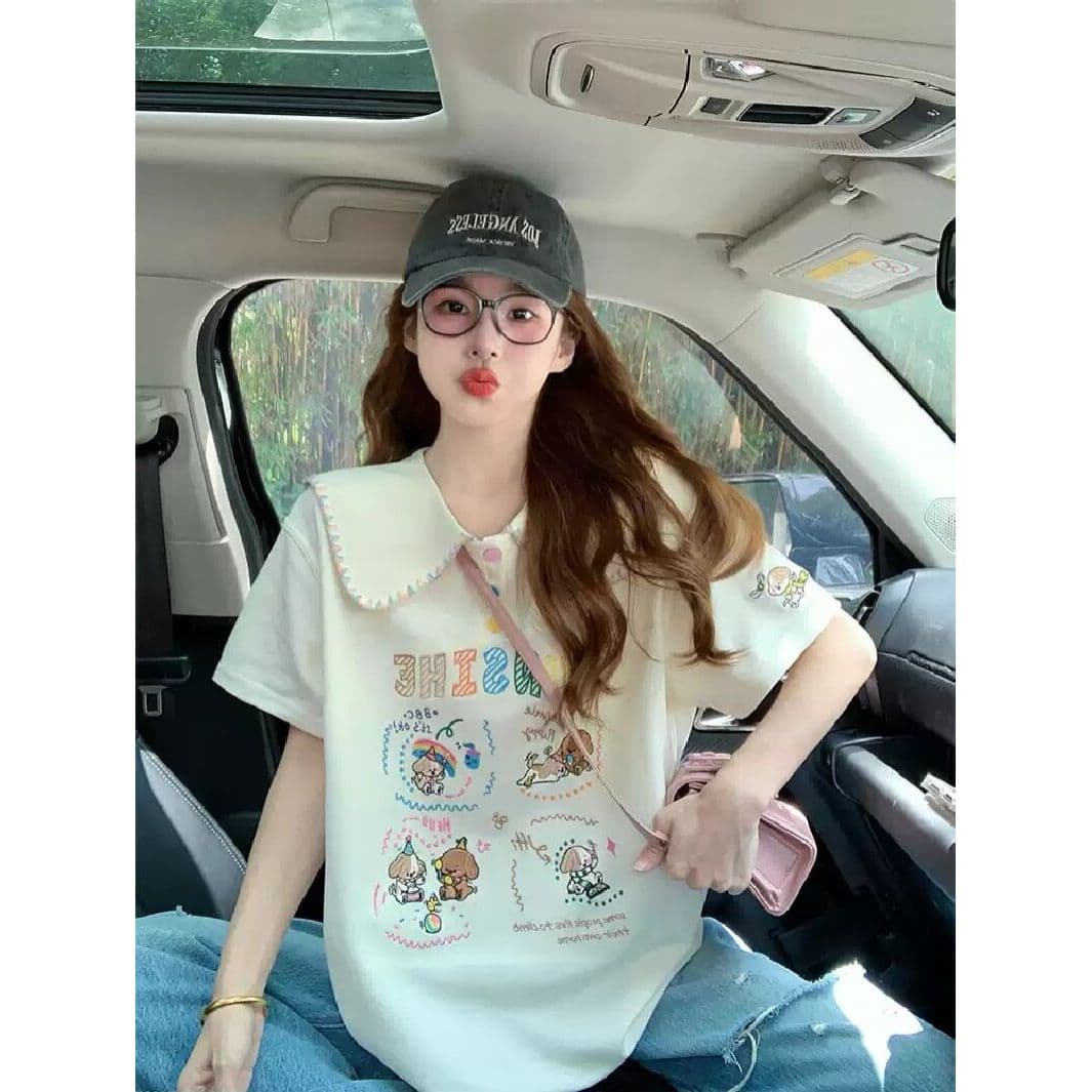경관 그림 케이블 루오 Na 학원 스타일 폴로 칼라 반팔 티셔츠 여성 2026 새로운 폭발 여름 루즈핏 연령 감소 맨위 이미지 4