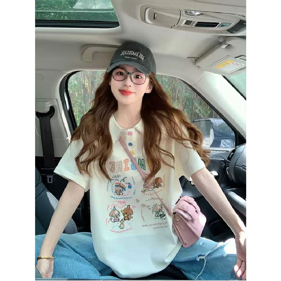 경관 그림 케이블 루오 Na 학원 스타일 폴로 칼라 반팔 티셔츠 여성 2026 새로운 폭발 여름 루즈핏 연령 감소 맨위 이미지 2