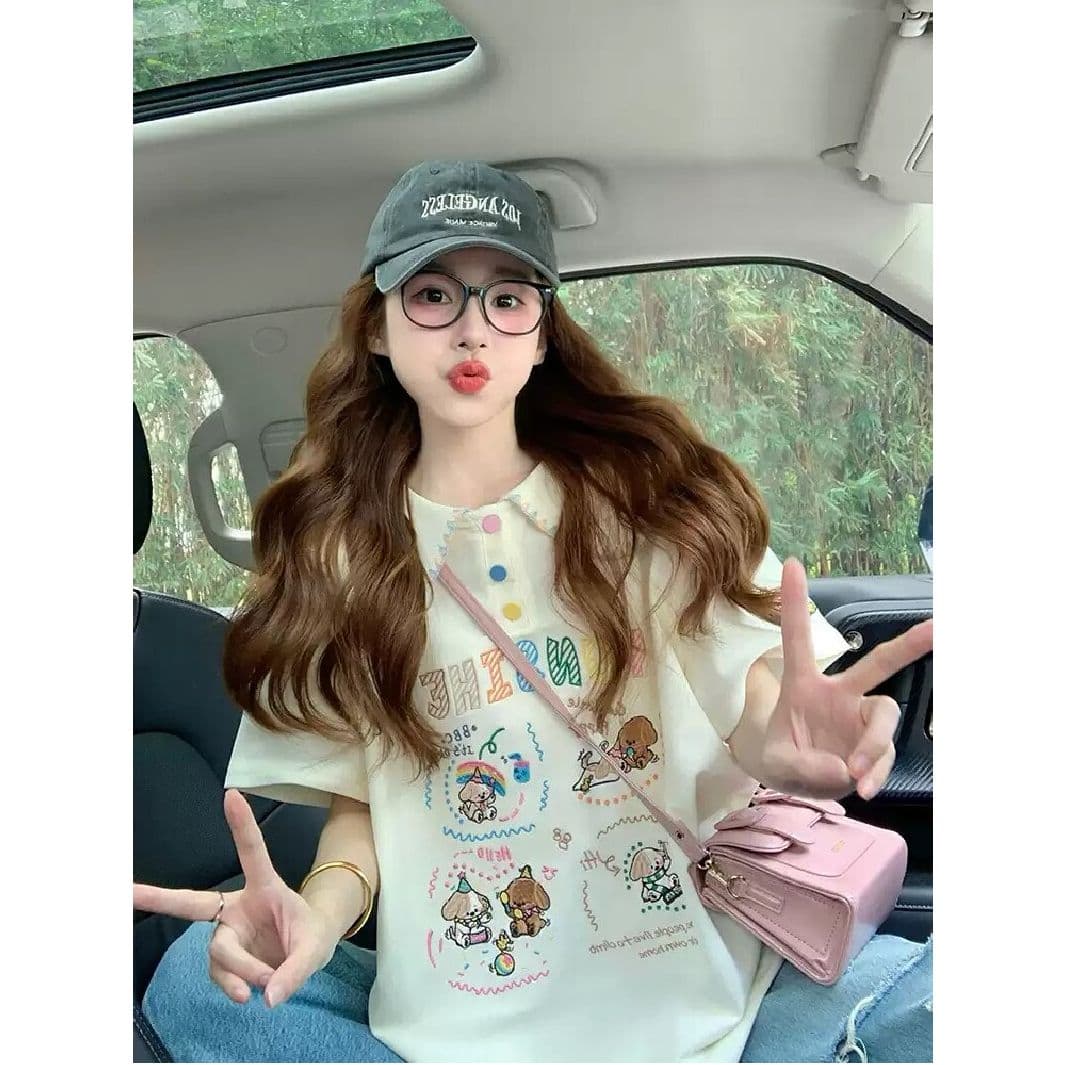 경관 그림 케이블 루오 Na 학원 스타일 폴로 칼라 반팔 티셔츠 여성 2026 새로운 폭발 여름 루즈핏 연령 감소 맨위