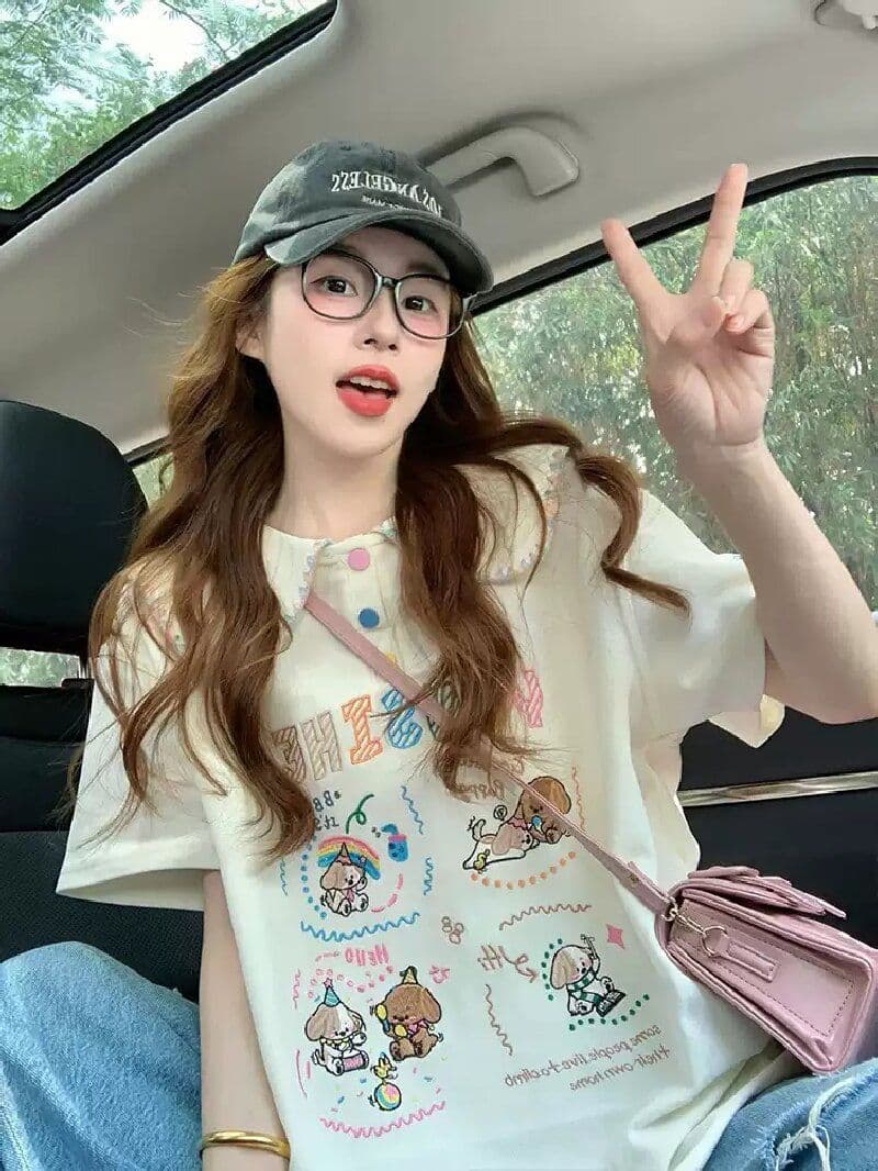 경관 그림 케이블 루오 Na 학원 스타일 폴로 칼라 반팔 티셔츠 여성 2026 새로운 폭발 여름 루즈핏 연령 감소 맨위 상세 이미지 2