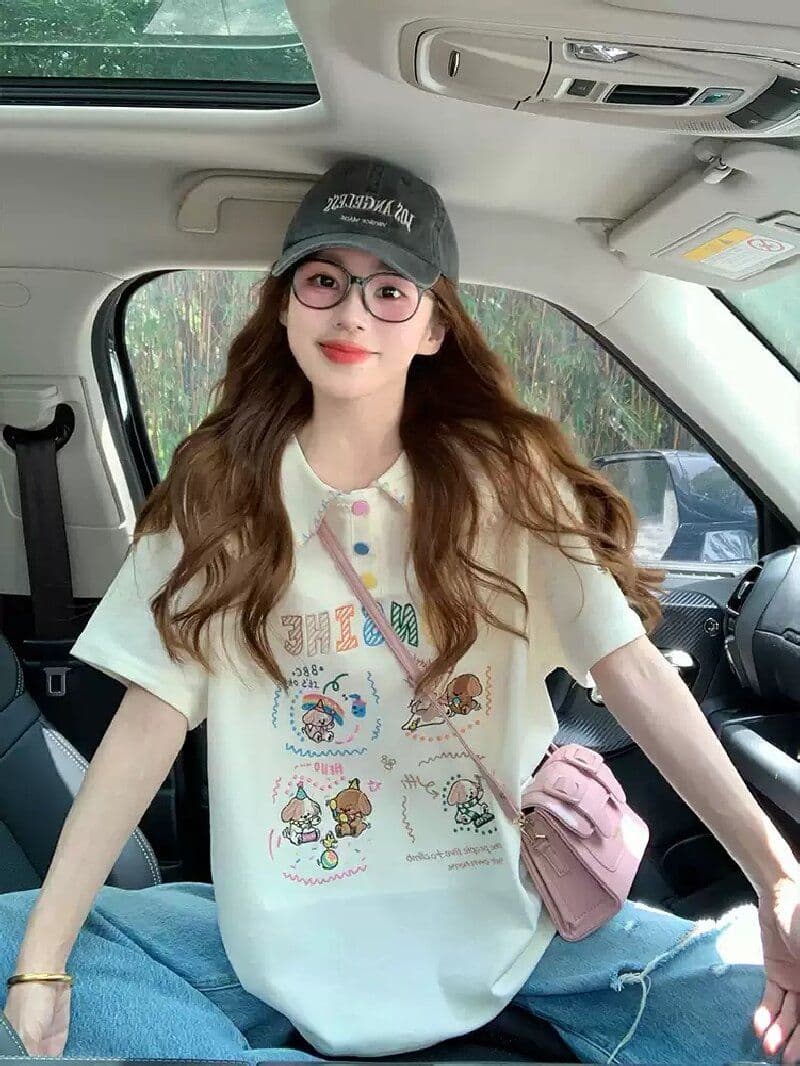 경관 그림 케이블 루오 Na 학원 스타일 폴로 칼라 반팔 티셔츠 여성 2026 새로운 폭발 여름 루즈핏 연령 감소 맨위 상세 이미지 3