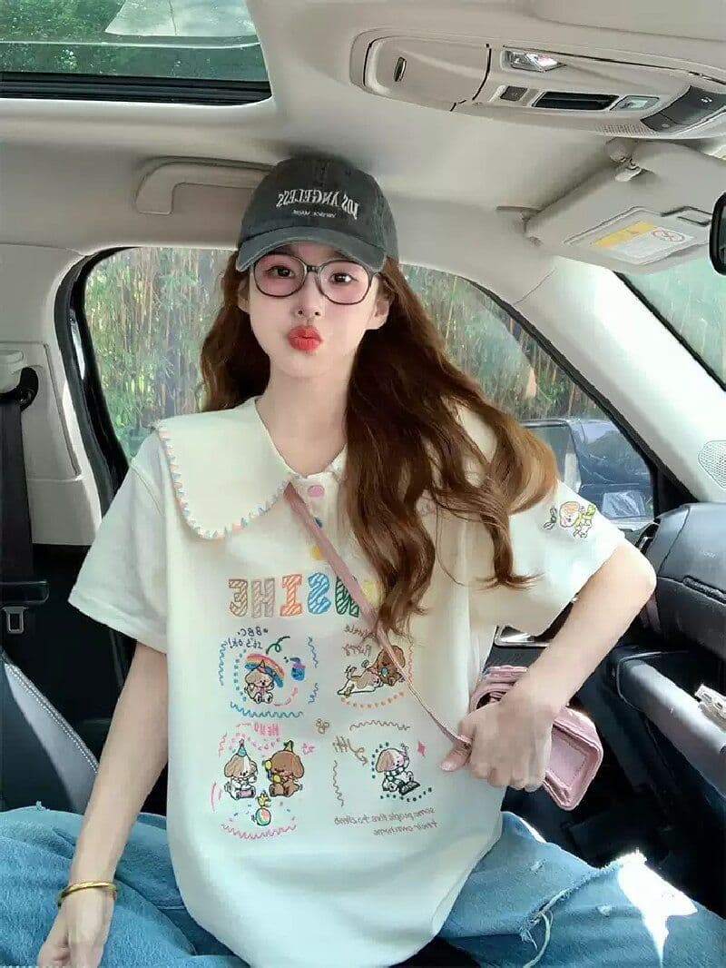 경관 그림 케이블 루오 Na 학원 스타일 폴로 칼라 반팔 티셔츠 여성 2026 새로운 폭발 여름 루즈핏 연령 감소 맨위 상세 이미지 4