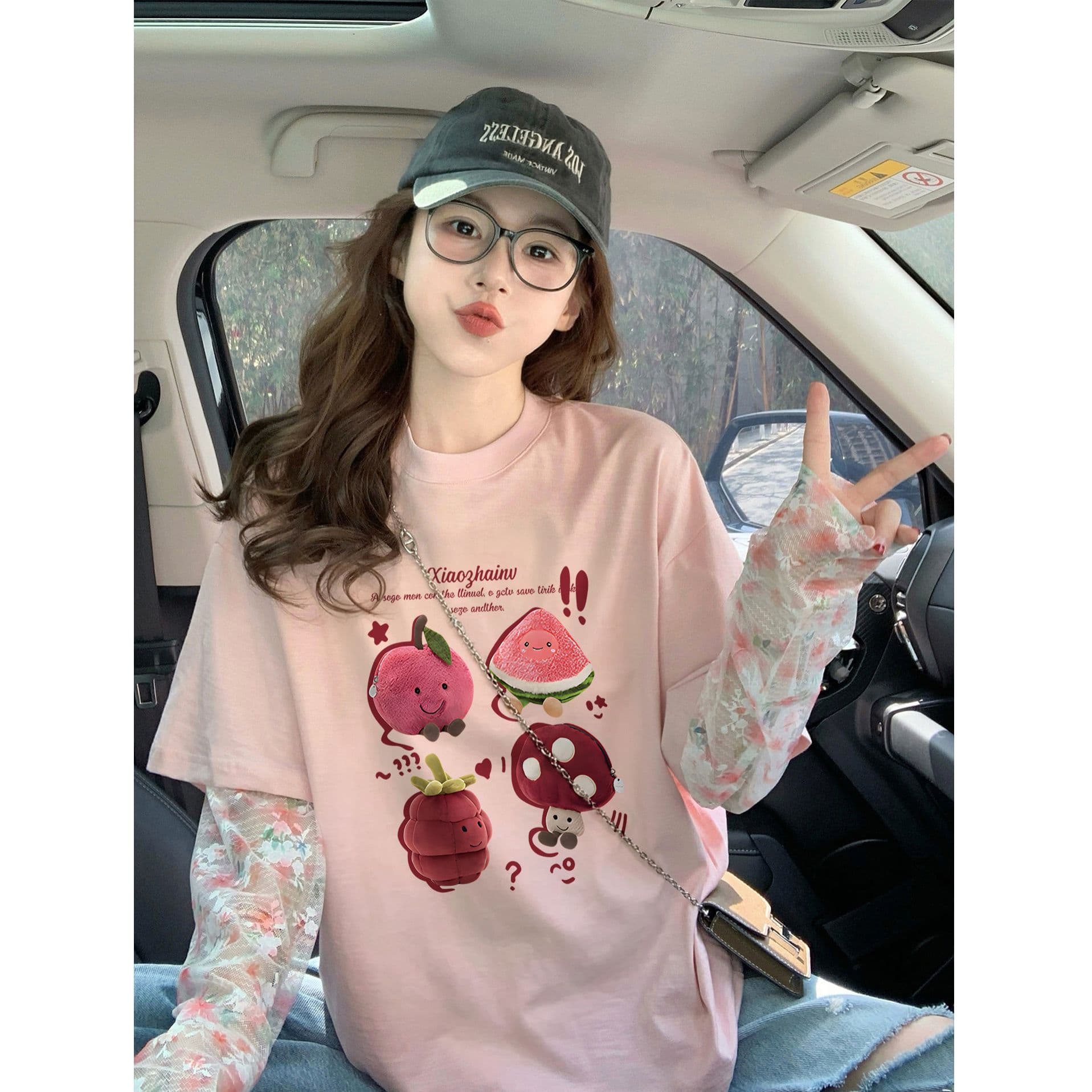 대나무 마디 순면 이후 패키지 칼라 망사 패치워크 페이크 레이어드 반팔 티셔츠 여성 2026 루즈핏 프린트 맨위 이미지 4