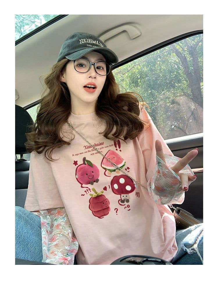 대나무 마디 순면 이후 패키지 칼라 망사 패치워크 페이크 레이어드 반팔 티셔츠 여성 2026 루즈핏 프린트 맨위 상세 이미지 2