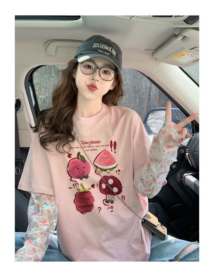 대나무 마디 순면 이후 패키지 칼라 망사 패치워크 페이크 레이어드 반팔 티셔츠 여성 2026 루즈핏 프린트 맨위 상세 이미지 3