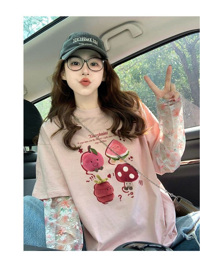 대나무 마디 순면 이후 패키지 칼라 망사 패치워크 페이크 레이어드 반팔 티셔츠 여성 2026 루즈핏 프린트 맨위 상세 이미지 4