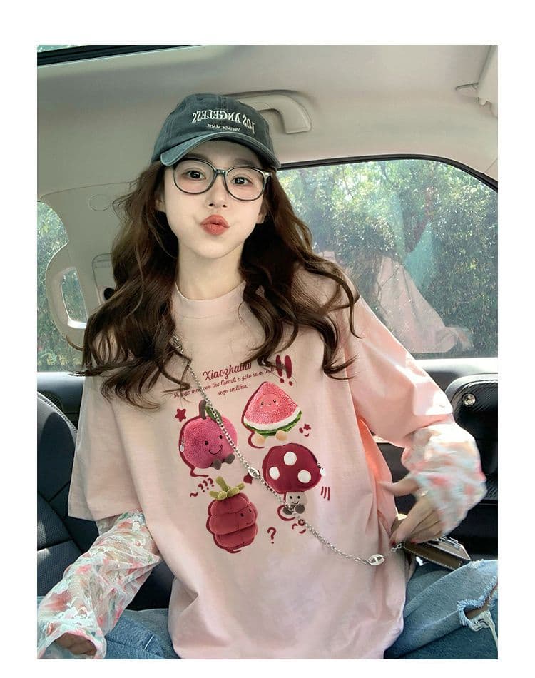 대나무 마디 순면 이후 패키지 칼라 망사 패치워크 페이크 레이어드 반팔 티셔츠 여성 2026 루즈핏 프린트 맨위 상세 이미지 5