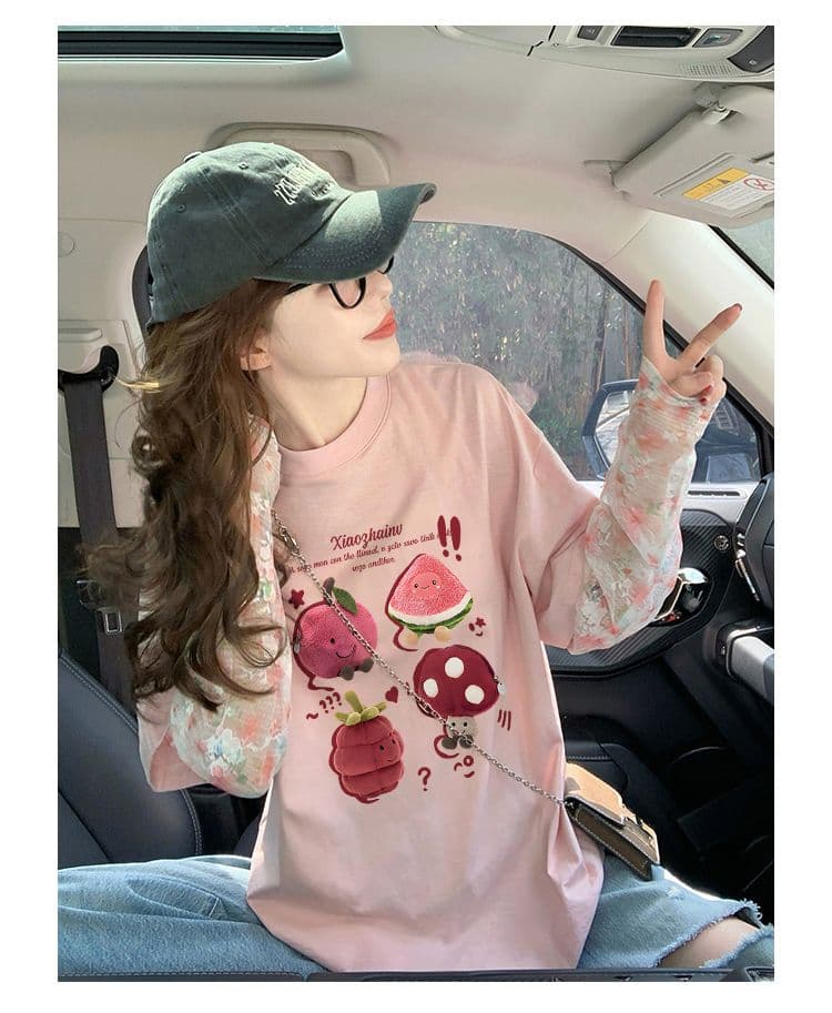 대나무 마디 순면 이후 패키지 칼라 망사 패치워크 페이크 레이어드 반팔 티셔츠 여성 2026 루즈핏 프린트 맨위 상세 이미지 6