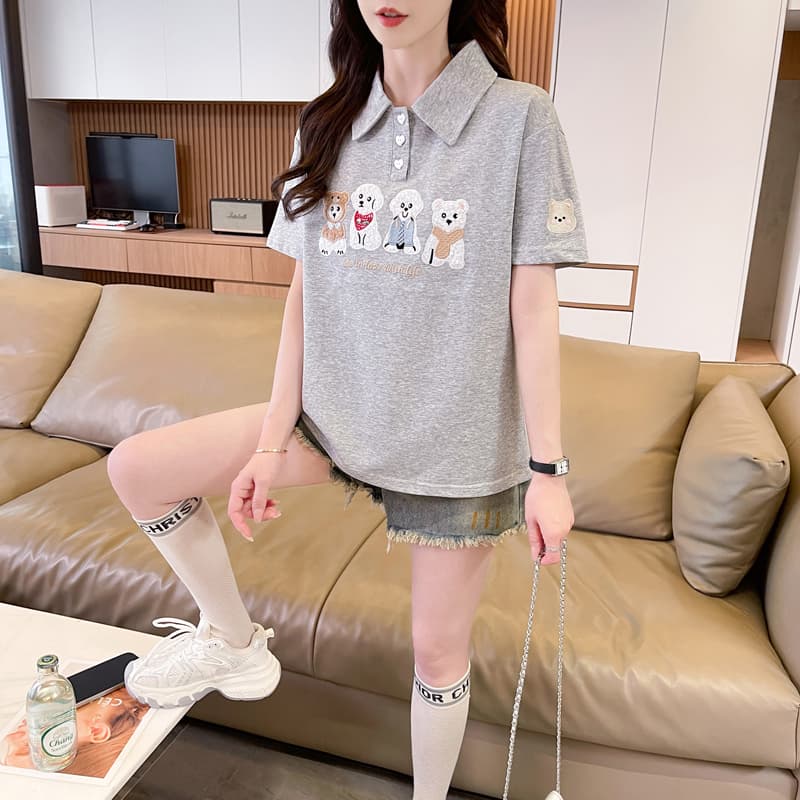 실사 남자 바 면 반팔 티셔츠 여성 여름 루즈핏 패션 다용도 외국 가스 POLO 칼라 만화 자수 맨위 상세 이미지 16