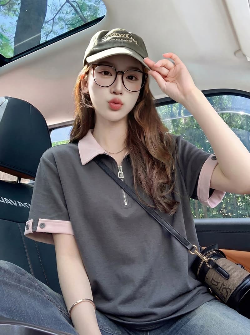 경관 그림 220 그램 더블 색상 양면 반팔 티셔츠 여성 여름 새로운 디자인 센스 지퍼 배색 POLO 칼라 켜기 이미지 4