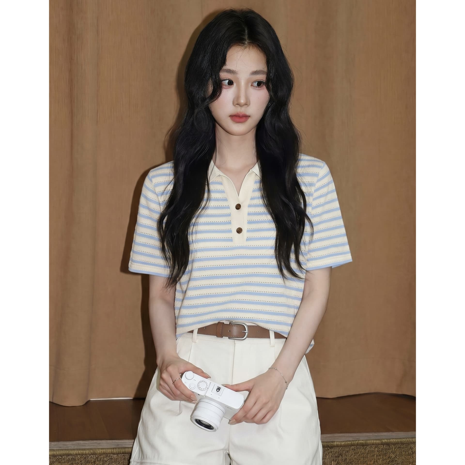 경관 그림 원본 자카드 반팔 티셔츠 여성 의류 여름 새로운 작은 샤넬 스타일 아메리칸 스트라이프 POLO 칼라 맨위 이미지 3