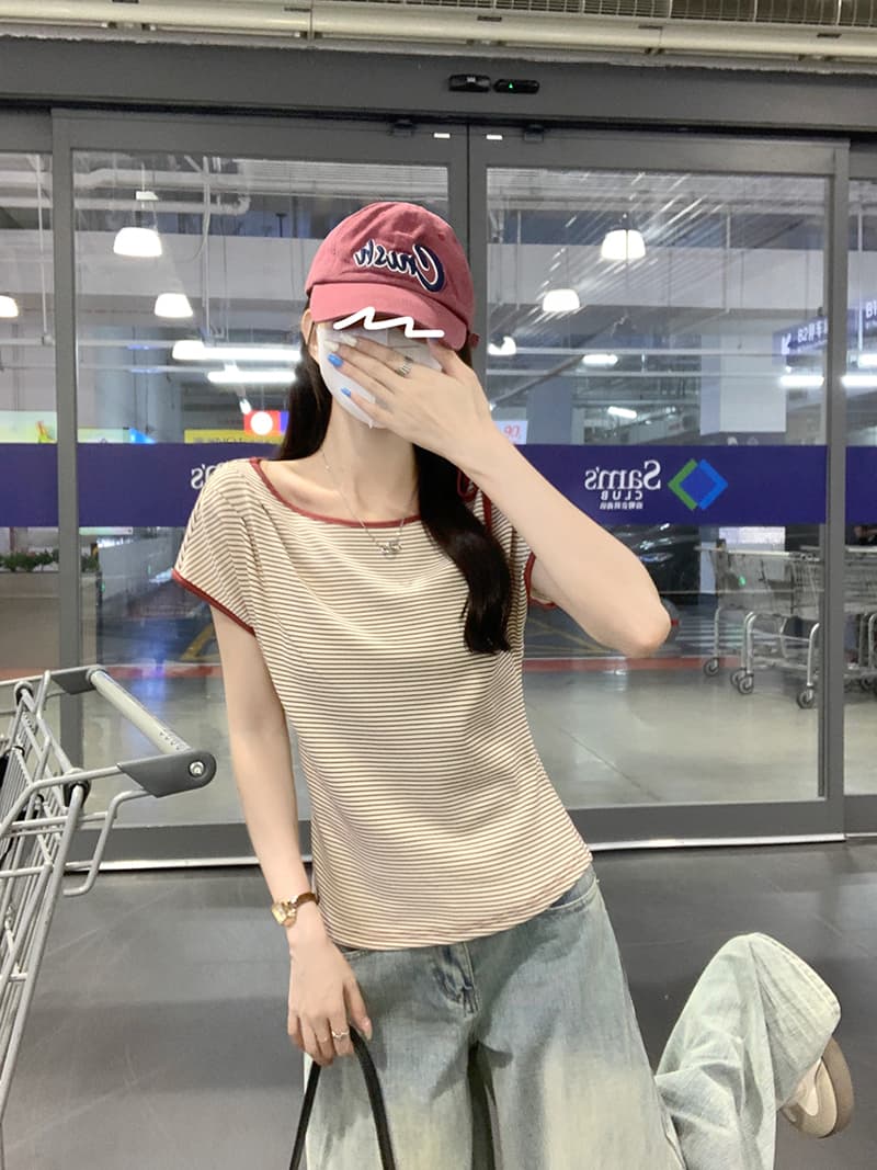 실사 원본 스트라이프 반팔 티셔츠 여성 의류 여름 새로운 한 부서 스트랩 아메리칸 스트라이프 대 라운드 넥 맨위 상세 이미지 11