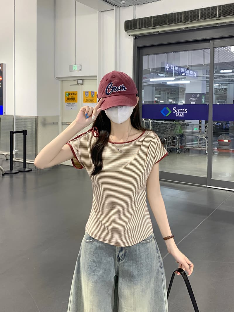 실사 원본 스트라이프 반팔 티셔츠 여성 의류 여름 새로운 한 부서 스트랩 아메리칸 스트라이프 대 라운드 넥 맨위 상세 이미지 12