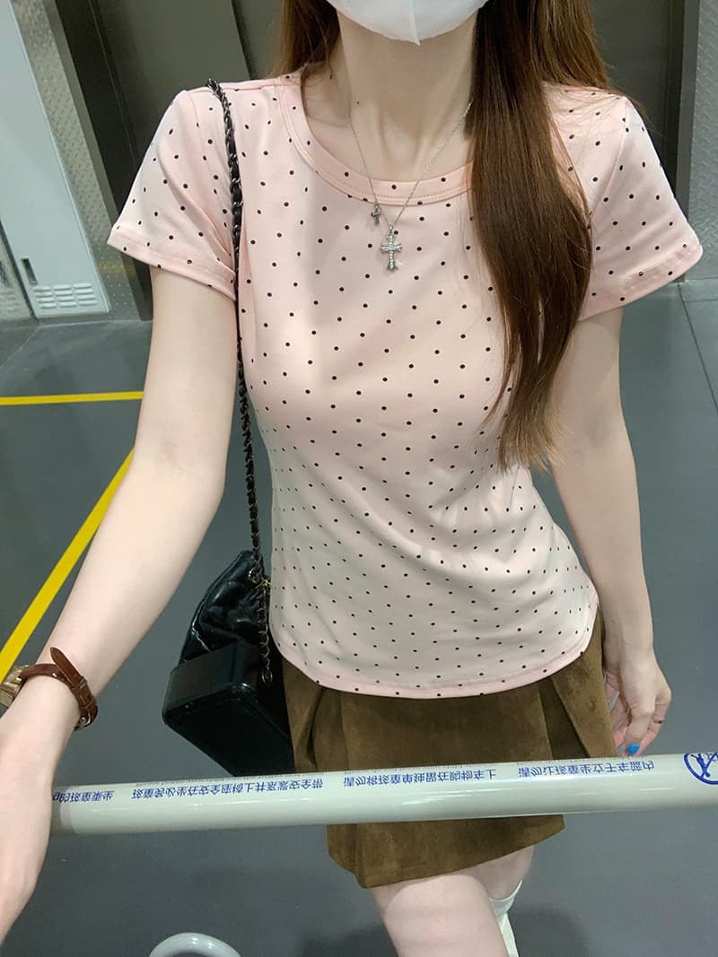 실사 반팔 티셔츠 여성 의류 여름 새로운 트렌디 한 부서 디자인 센스 도트 무늬 몸매 가꾸기 슬림해 보이는 라운드 넥 맨위 상세 이미지 7