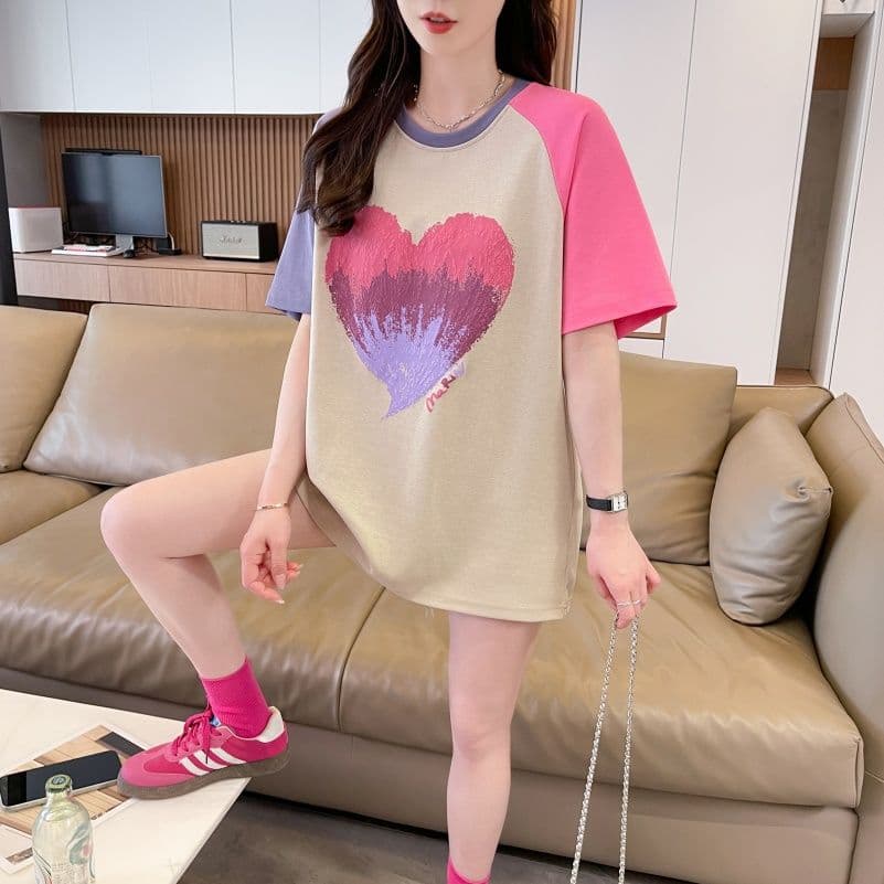실사 한국 스타일 프린트 싸움 플러그 색상 반팔 티셔츠 여성 배색 장식 맨위 패션 트렌디 상세 이미지 3