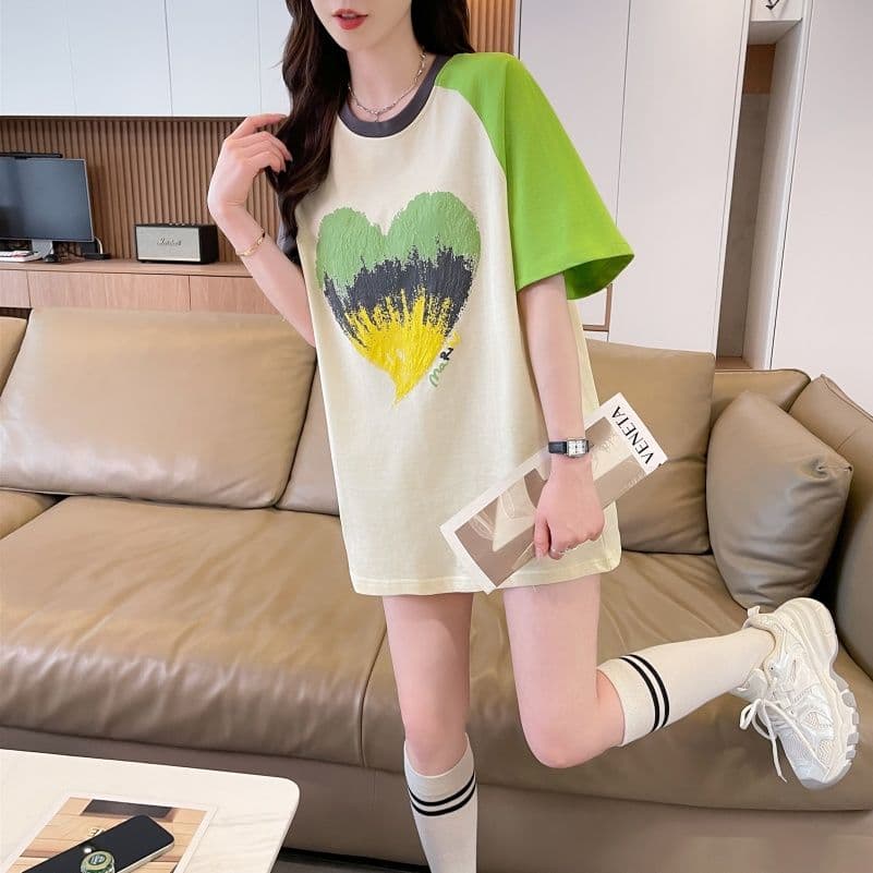 실사 한국 스타일 프린트 싸움 플러그 색상 반팔 티셔츠 여성 배색 장식 맨위 패션 트렌디 상세 이미지 10