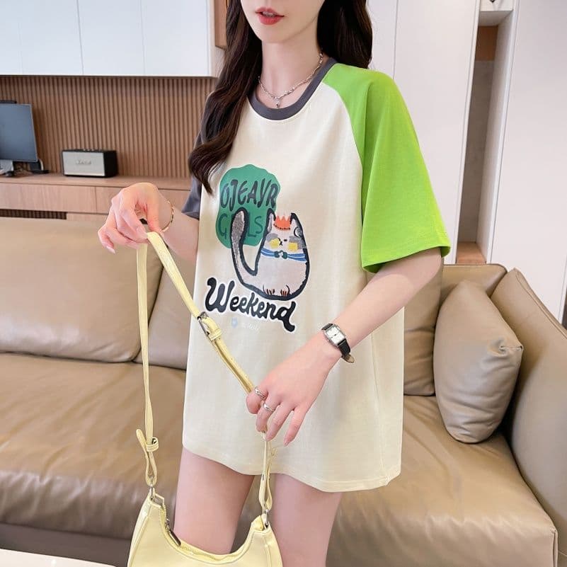 실사 한국 스타일 프린트 싸움 플러그 색상 반팔 티셔츠 여성 배색 장식 맨위 패션 트렌디 상세 이미지 4