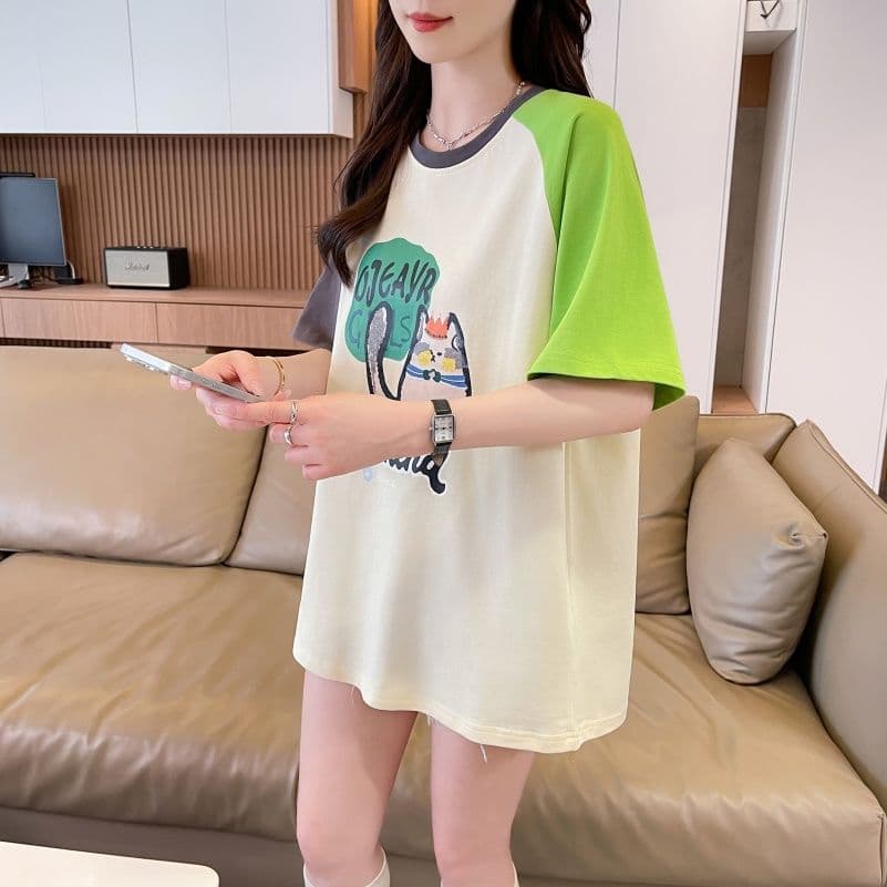 실사 한국 스타일 프린트 싸움 플러그 색상 반팔 티셔츠 여성 배색 장식 맨위 패션 트렌디 상세 이미지 6