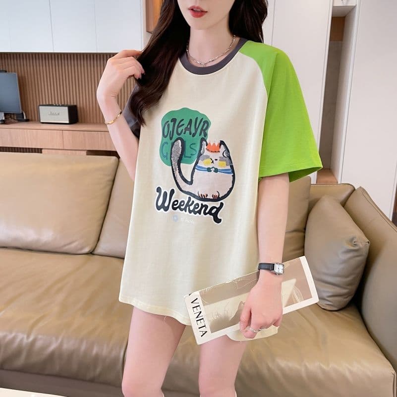 실사 한국 스타일 프린트 싸움 플러그 색상 반팔 티셔츠 여성 배색 장식 맨위 패션 트렌디