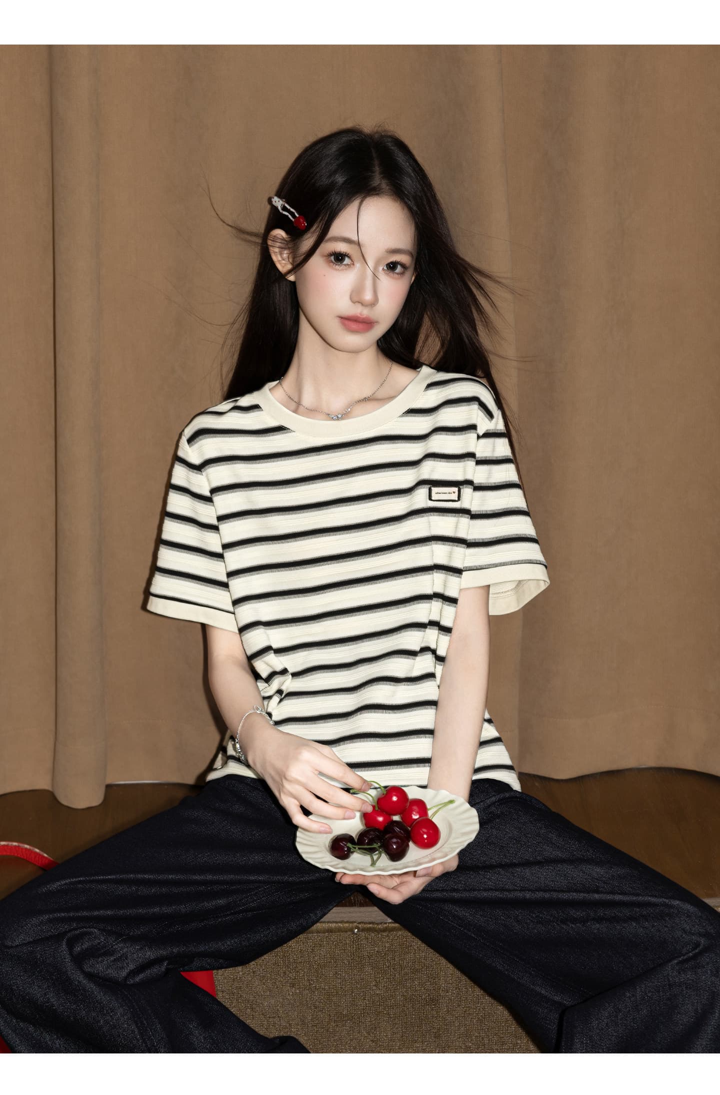 경관 그림 230 크 자카드 스트라이프 반팔 티셔츠 여성 의류 여름 새로운 디자인 센스 아메리칸 스트라이프 라운드 넥 맨위 상세 이미지 12